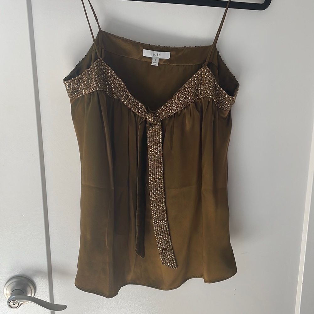 Joie Olive Green Silk Beaded Trim Camisole